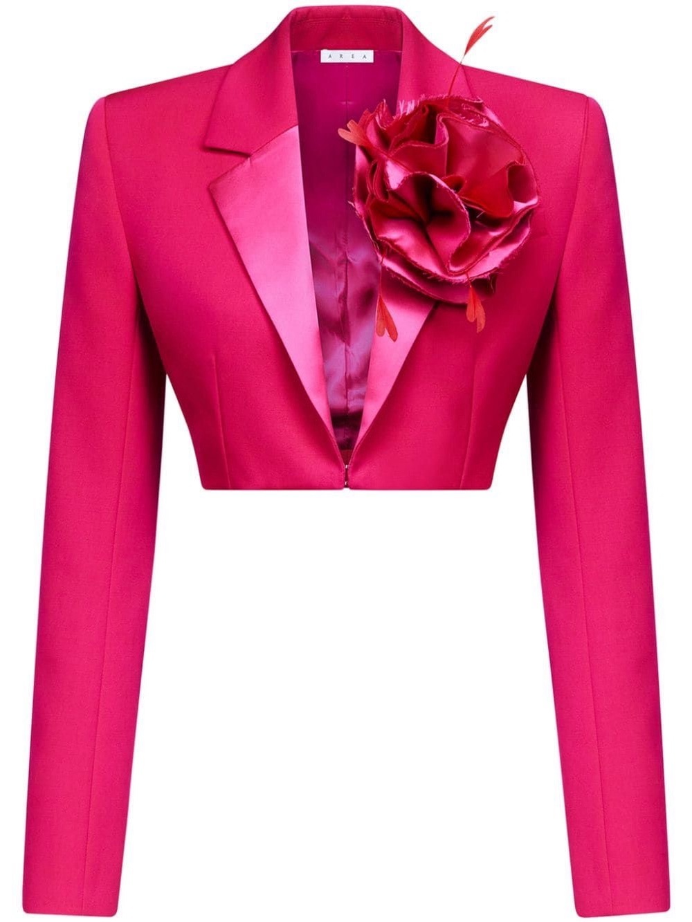 AREA Hot Pink Cropped Blazer with Satin Lapel and Floral Rosette